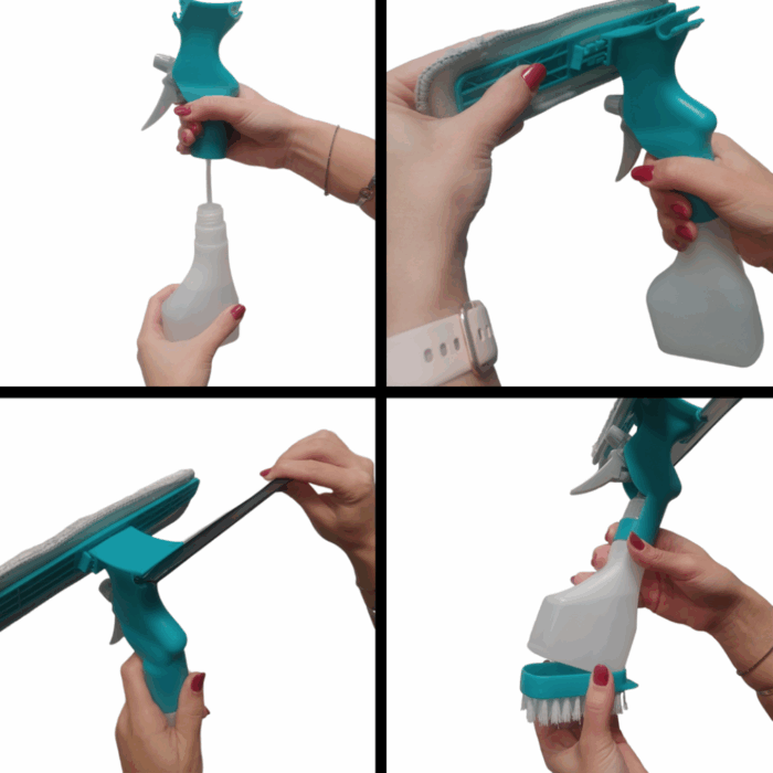 Lavavetri 4 in 1 Bottiglia Spray, Panno in Microfibra, Tergivetro, Spazzola per Finestre, Specchi, Multifunzione