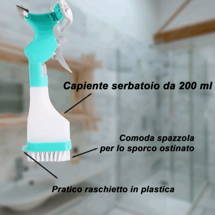 Lavavetri 4 in 1 Bottiglia Spray, Panno in Microfibra, Tergivetro, Spazzola per Finestre, Specchi, Multifunzione