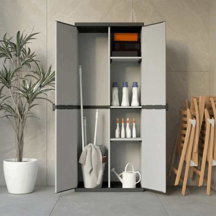 Armadio 2 Ante Portascope con Ripiani, Mobiletto per Esterni e Interni in Resina PVC, Portaoggetti