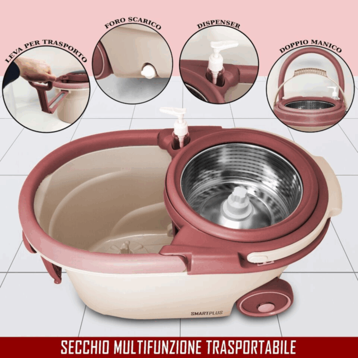 Mocio Mop con Cestello Rotante e Strizzante – Secchio Lavapavimenti Automatico con Panno Microfibra