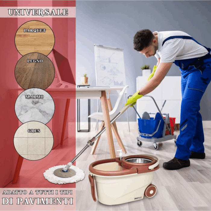 Mocio Mop con Cestello Rotante e Strizzante – Secchio Lavapavimenti Automatico con Panno Microfibra