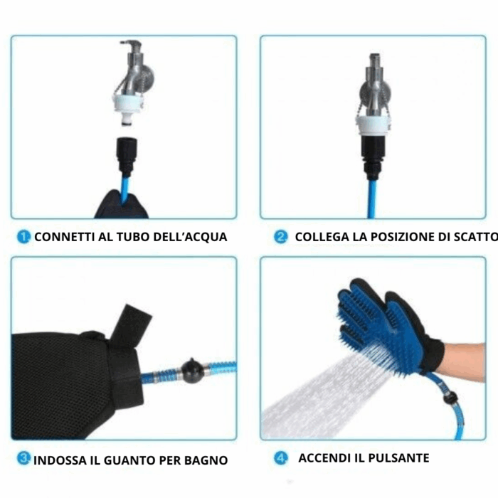 Guanto Massaggiante con Filo Doccia 2 in 1, Tubo Integrato, Aggancio Universale per Animali Domestici