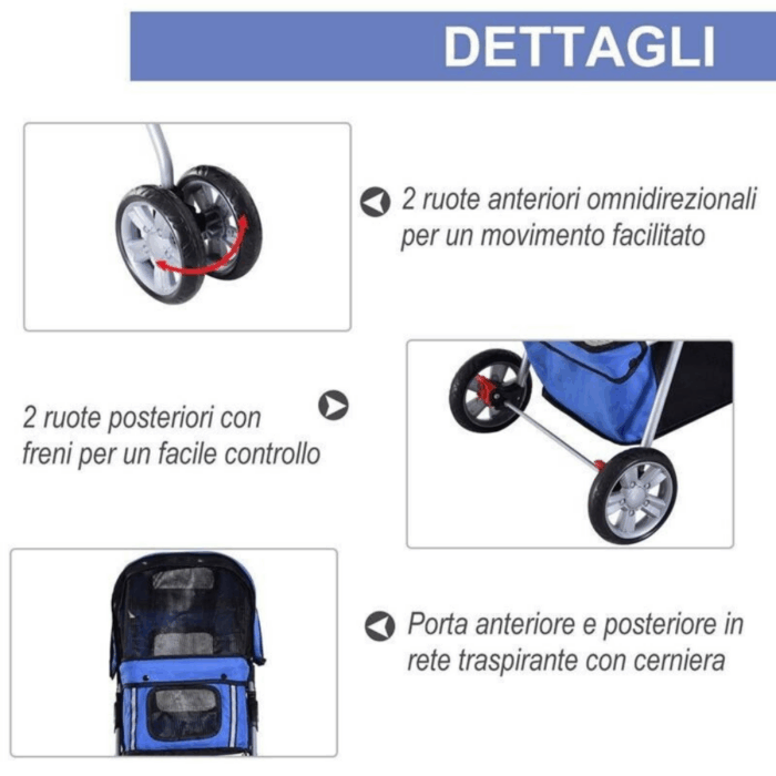 Passeggino Pieghevole per Animali con Portaoggetti e Portabottiglie 4 Ruote Cerniere Tessuto Impermeabile