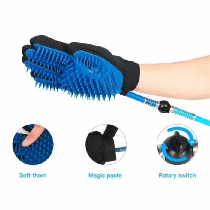 Guanto Massaggiante con Filo Doccia 2 in 1, Tubo Integrato, Aggancio Universale per Animali Domestici