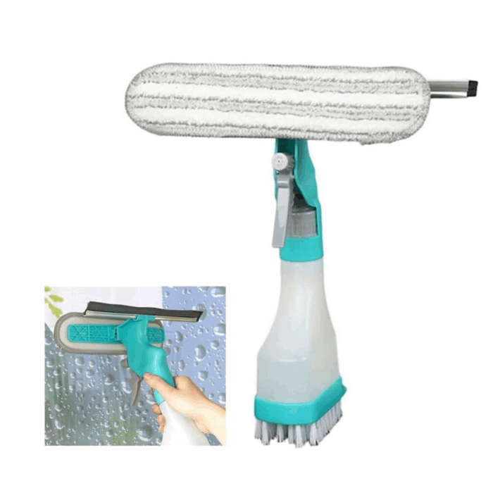Lavavetri 4 in 1 Bottiglia Spray, Panno in Microfibra, Tergivetro, Spazzola per Finestre, Specchi, Multifunzione