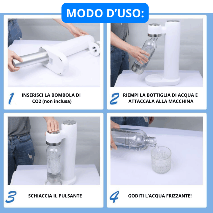 Macchina per Acqua Frizzante con Bottiglia da 1 Litro, Gasatore per Soda CO2 Portatile