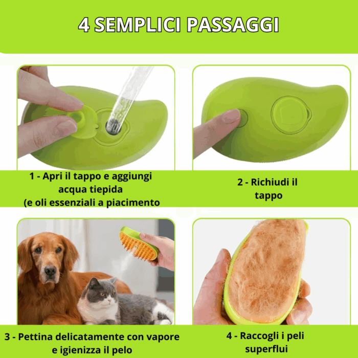 Spazzola a Vapore 3 in 1 per Animali Domestici | Pettine Massaggiante Autopulente e Rimozione Peli
