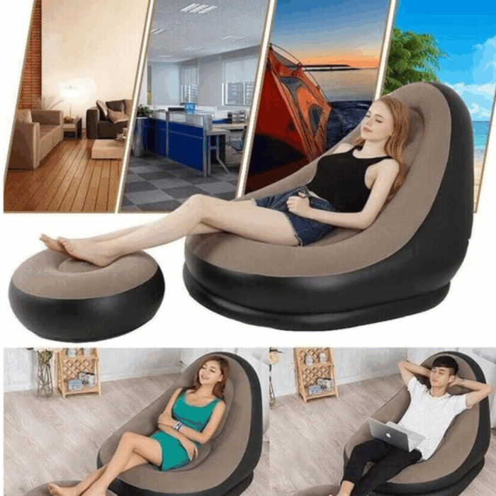 Poltrona con Pouf Poggiapiedi Gonfiabile con Pompa, Divanetto Longue per Relax, Studio, Salone