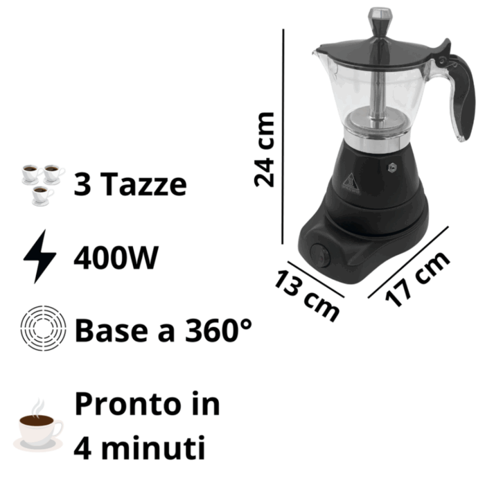 Caffettiera Elettrica 400W 3 Tazze per Caffè Macinato, Moka