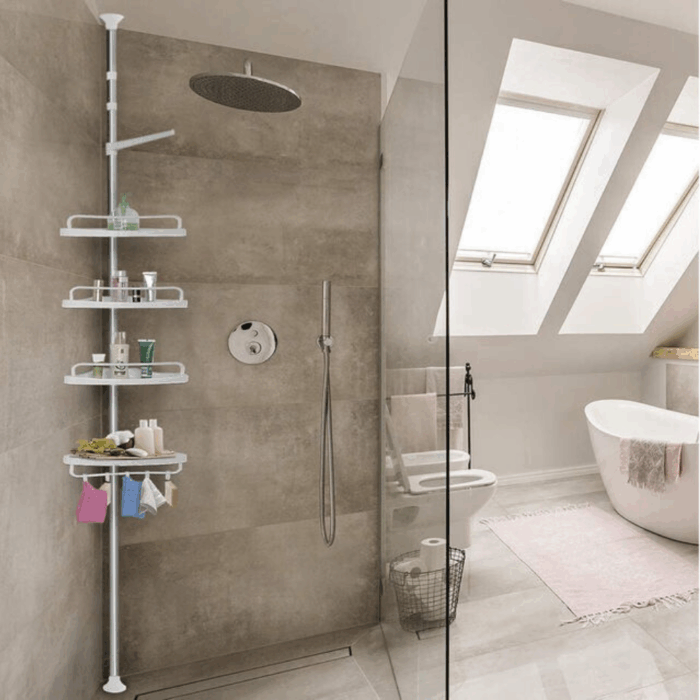 Scaffale Angolare da Bagno 4 Ripiani Telescopico Altezza Regolabile Salvaspazio, Portaoggetti