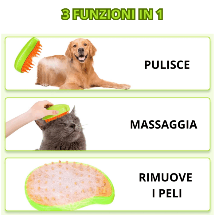 Spazzola a Vapore 3 in 1 per Animali Domestici | Pettine Massaggiante Autopulente e Rimozione Peli
