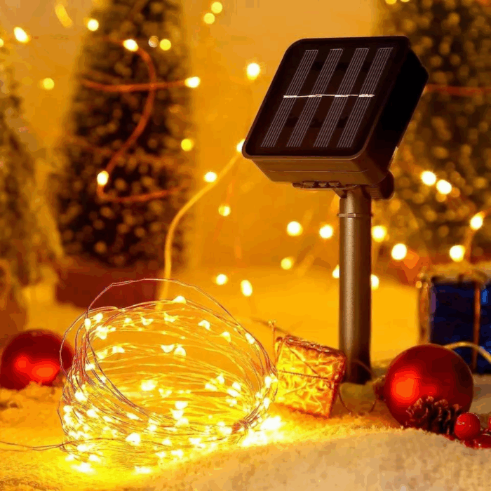 Catena Luminosa 100 LED 10m con Pannello Solare, Stringa in Filo di Rame Luce Calda Gialla per Esterno IP65