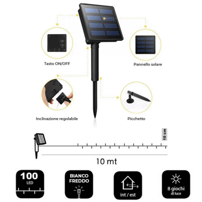 Catena Luminosa 100 LED 10m con Pannello Solare, Stringa in Filo di Rame Luce Bianca Fredda per Esterno IP65