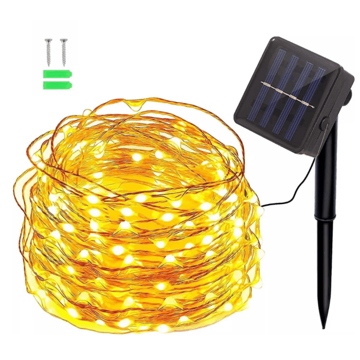 Catena Luminosa 100 LED 10m con Pannello Solare, Stringa in Filo di Rame Luce Calda Gialla per Esterno IP65