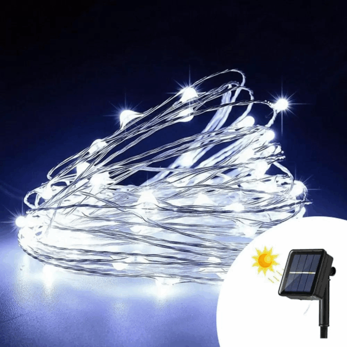 Catena Luminosa 100 LED 10m con Pannello Solare, Stringa in Filo di Rame Luce Bianca Fredda per Esterno IP65