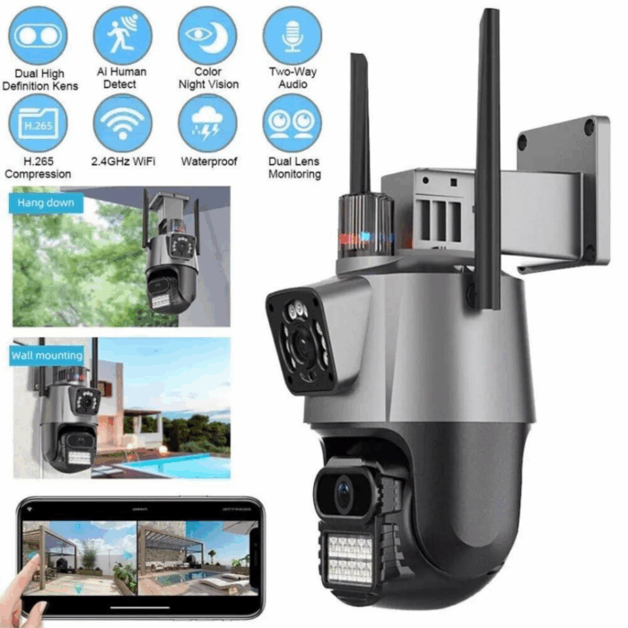 PTZ Telecamera Videosorveglianza 6MP 4K | WiFi, Doppio Obiettivo, Allarme e Audio Bidirezionale | IP66 Infrarossi