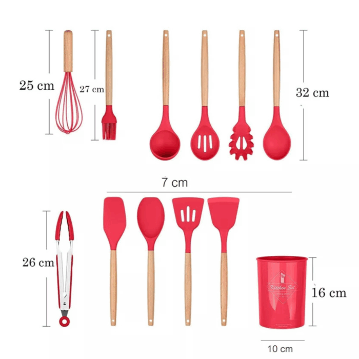 Set 11 Utensili da Cucina + Cestello in Silicone Premium, Manici in Legno, Resistenti al Calore, Antiaderenti
