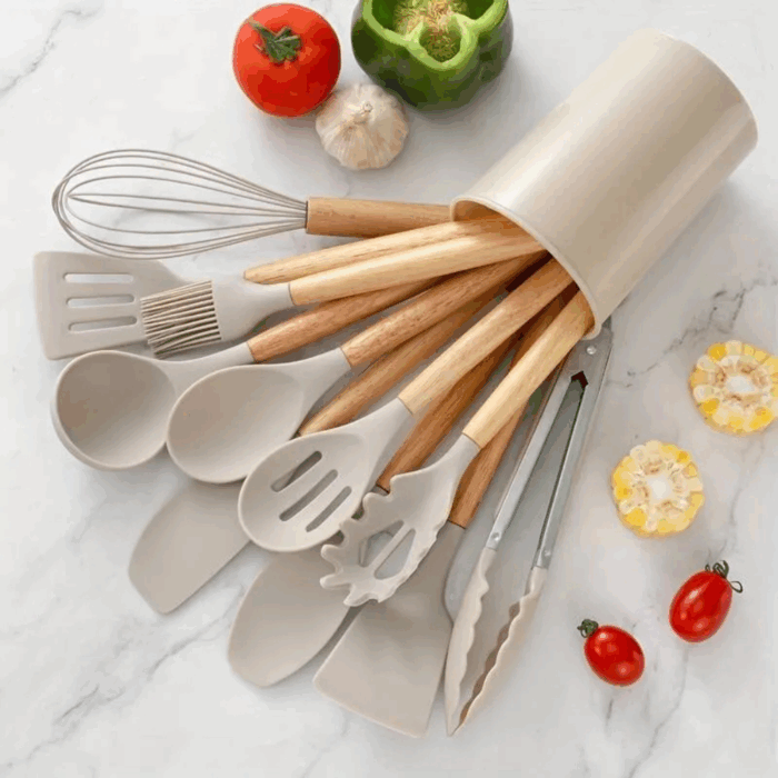 Set 11 Utensili da Cucina + Cestello in Silicone Premium, Manici in Legno, Resistenti al Calore, Antiaderenti