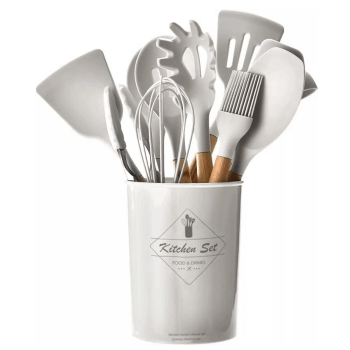 Set 11 Utensili da Cucina + Cestello in Silicone Premium, Manici in Legno, Resistenti al Calore, Antiaderenti