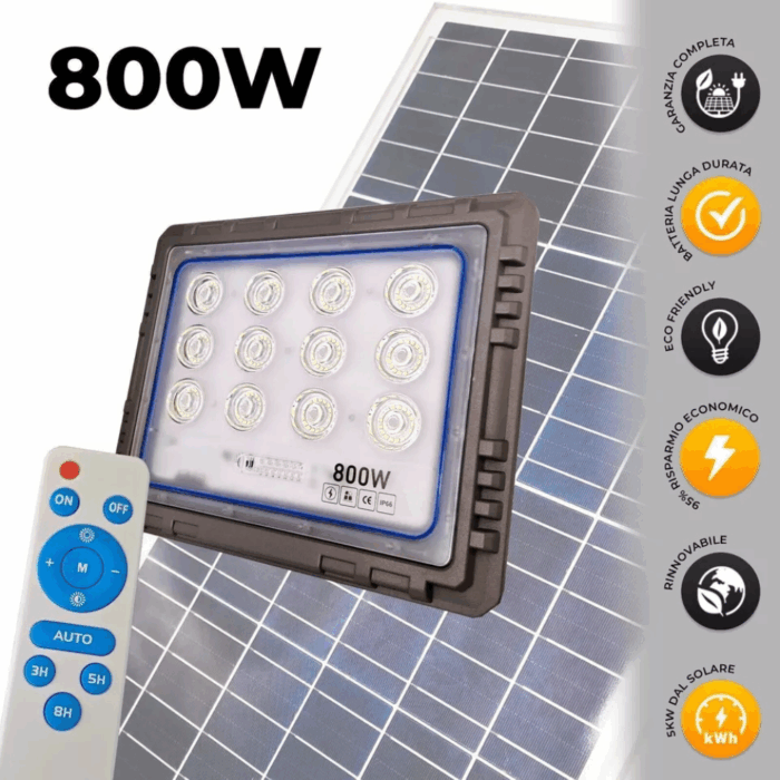 Faro Solare LED 800W Slim – Pannello Fotovoltaico, Sensore Crepuscolare IP66, in Alluminio Pressofuso