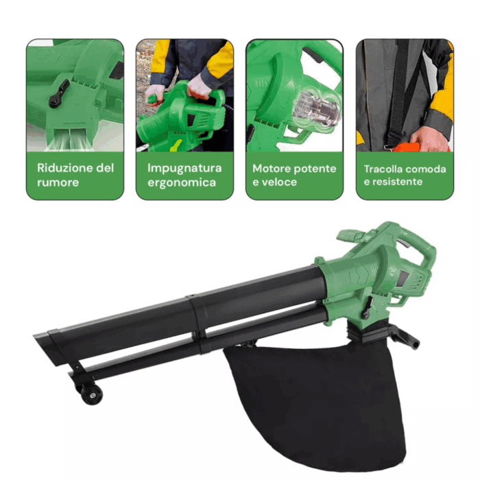 Soffiatore e Aspiratore 3 IN 1 Elettrico 3000W con Sacco di Raccolta 45L, Triturare Foglie, 1400 giri/min