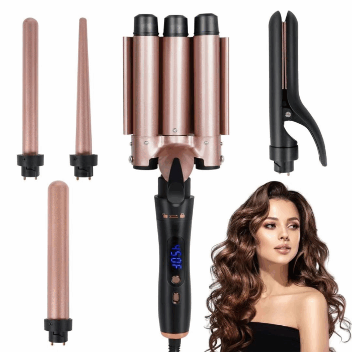 Set Piastre per Capelli 5 Accessori: 3 Coni Arricciacapelli + Piastra Lisciante + Piastra per Onde in Ceramica Antirottura