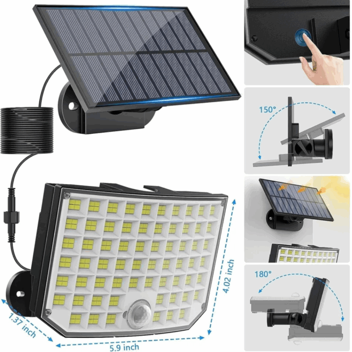 Kit 4 Fari Solari 250w con Pannello, Sensore Crepuscolare e di Movimento IP65 Impermeabile per Esterni