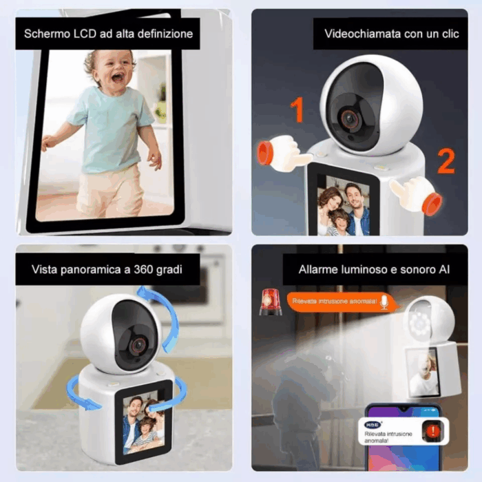 Telecamera Videosorveglianza con Schermo Display 2,8" Videochiamata 2Mp Audio Bidirezionale, Videocamera IP Wi-Fi Infrarossi