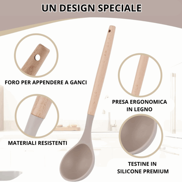 Set 11 Utensili da Cucina + Cestello in Silicone Premium, Manici in Legno, Resistenti al Calore, Antiaderenti