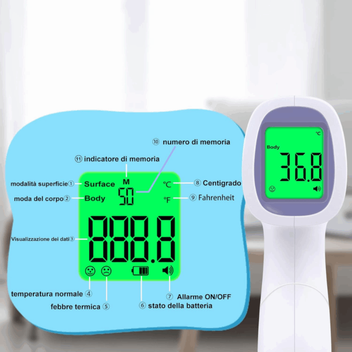 Termometro Digitale Infrarossi Frontale LCD per Misurare Temperatura Senza Contatto, Termoscanner