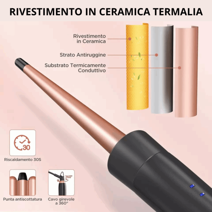 Set Piastre per Capelli 5 Accessori: 3 Coni Arricciacapelli + Piastra Lisciante + Piastra per Onde in Ceramica Antirottura