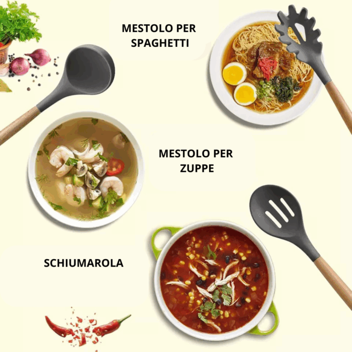 Set 11 Utensili da Cucina + Cestello in Silicone Premium, Manici in Legno, Resistenti al Calore, Antiaderenti