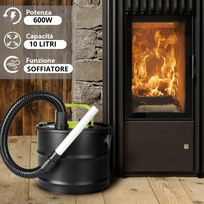Bidone Aspiracenere 2 in 1 Aspiratore + Soffiatore 600W 10 Litri, Filtro HEPA Lavabile per Pulizia Camini, Stufe a Pellet, BBQ