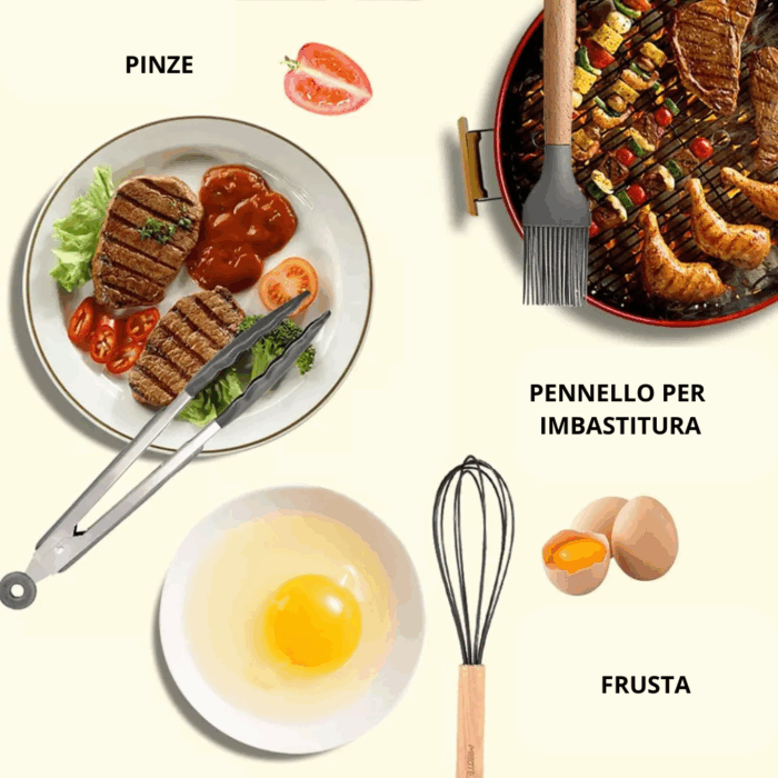 Set 11 Utensili da Cucina + Cestello in Silicone Premium, Manici in Legno, Resistenti al Calore, Antiaderenti