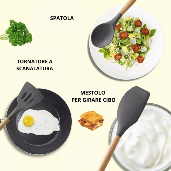 Set 11 Utensili da Cucina + Cestello in Silicone Premium, Manici in Legno, Resistenti al Calore, Antiaderenti