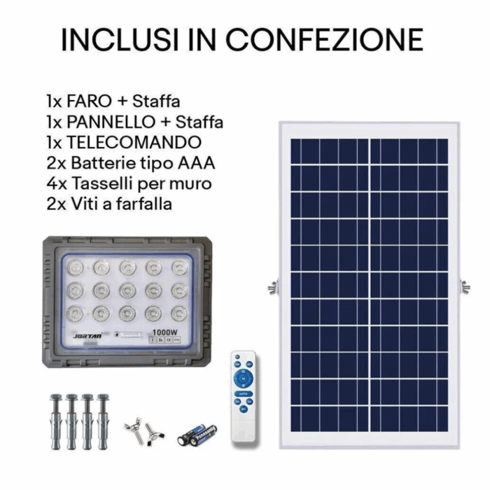 Faro LED Solare 1000W Slim con Pannello, Sensore Crepuscolare IP66 in Alluminio Pressofuso