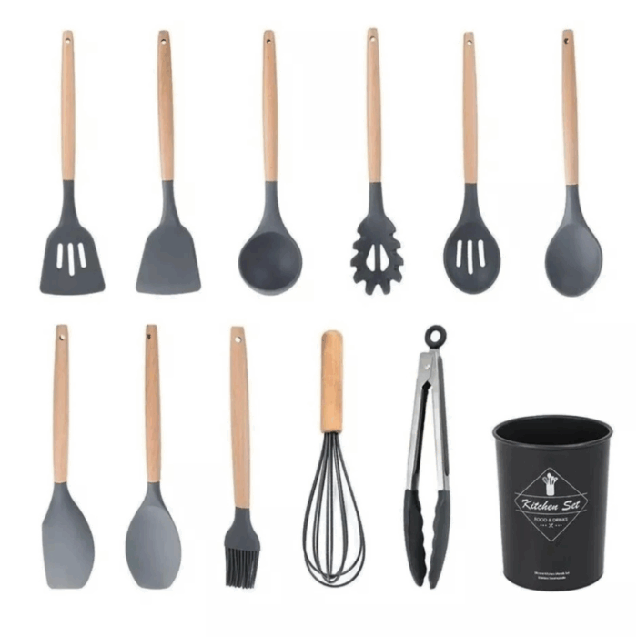 Set 11 Utensili da Cucina + Cestello in Silicone Premium, Manici in Legno, Resistenti al Calore, Antiaderenti