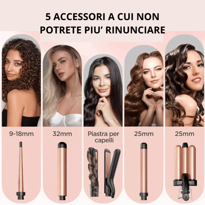 Set Piastre per Capelli 5 Accessori: 3 Coni Arricciacapelli + Piastra Lisciante + Piastra per Onde in Ceramica Antirottura