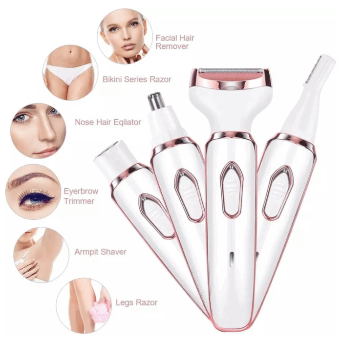 Epilatore 4 in 1 | Rasoio Elettrico Donna con Testine Intercambiabili USB | Peli Corpo e Viso