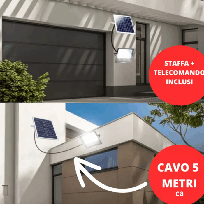 Faro LED 5000W Slim a Ricarica Solare | Pannello Crepuscolare, Luce Bianca IP66