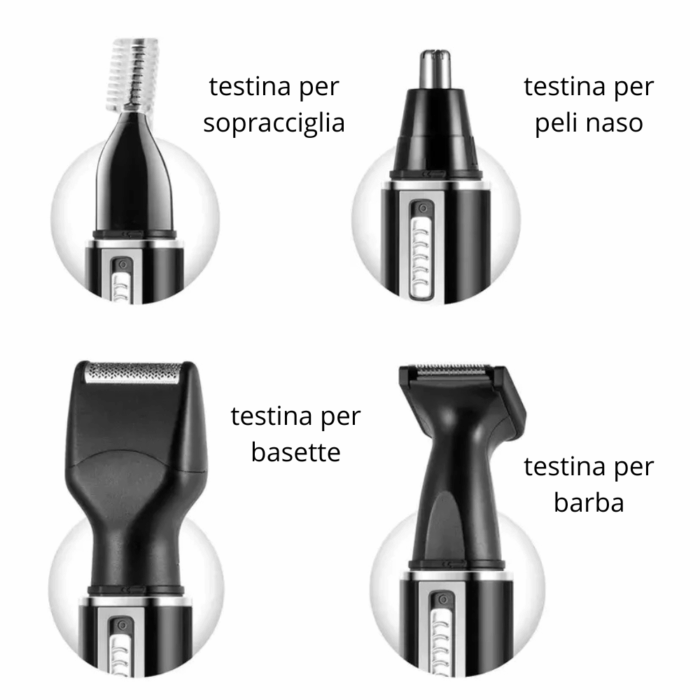 Epilatore 4 in 1 Uomo | Rasoio in Acciaio con Testine Intercambiabili per Barba, Basette, Peli Corti