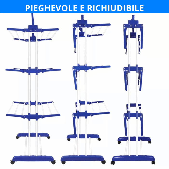 Stendi Panni Verticale 3 Livelli | Stendino Stendibiancheria Richiudibile Salvaspazio con Ruote