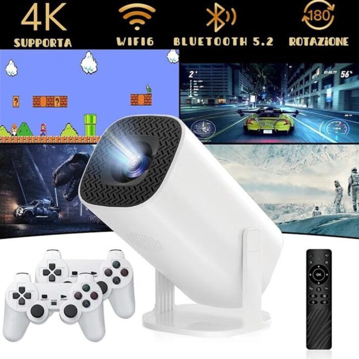 Proiettore con 2 Joystick 4K Bluetooth Wi-Fi | Riflettore Regolabile per Giochi, Film, Serie con Telecomando