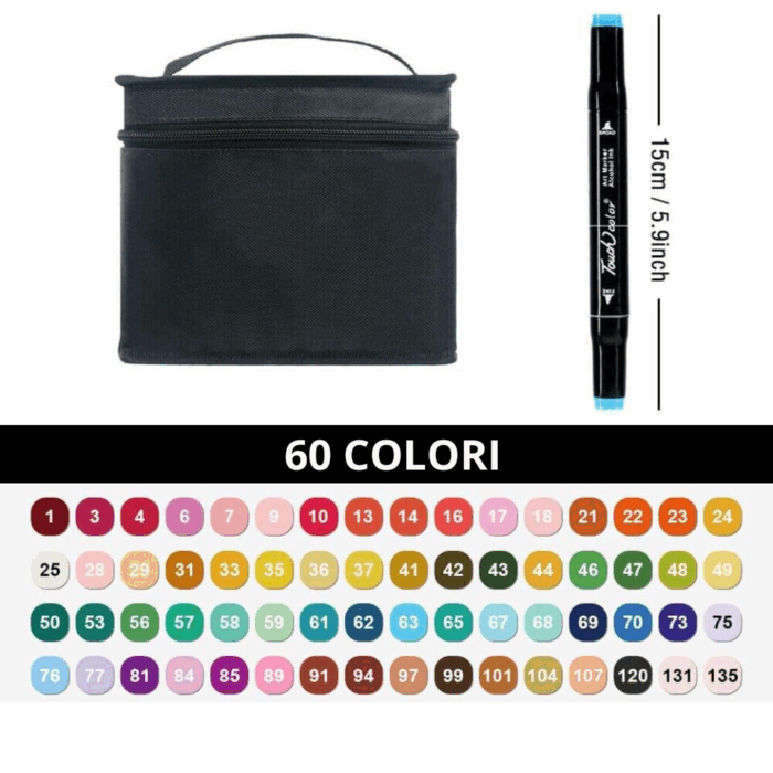 Set 60 Pennarelli Colorati Doppia Punta Sfumabili | Materiale Artistico, Colori Professionali con Custodia