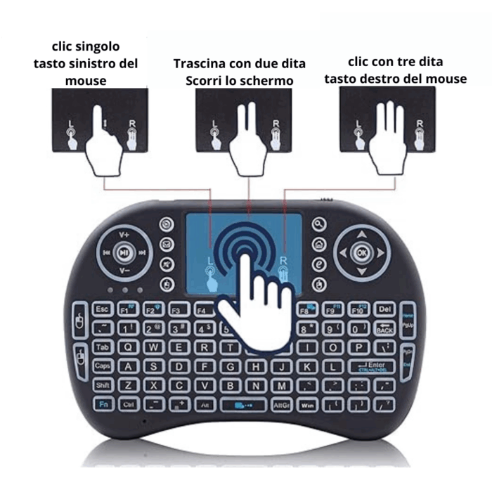 Tastiera Wireless Retroilluminata con Touchpad e Mouse | Ricaricabile 2.4GHz per Smart TV e PC