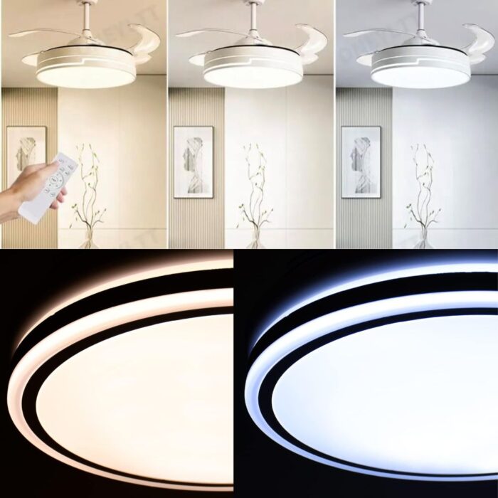 Lampadario con Ventilatore LED 120W, Pale Retrattili 3 Velocità e 3 Tonalità di Luce