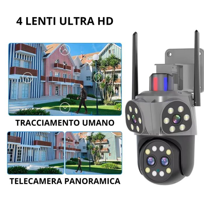 Telecamera PTZ Wi-Fi 360° Quadruple Vision | Audio Bidirezionale e Allarme 8mp