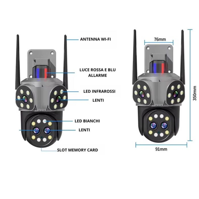 Telecamera PTZ Wi-Fi 360° Quadruple Vision | Audio Bidirezionale e Allarme 8mp
