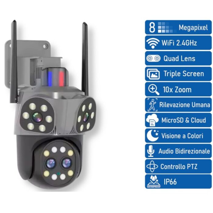 Telecamera PTZ Wi-Fi 360° Quadruple Vision | Audio Bidirezionale e Allarme 8mp