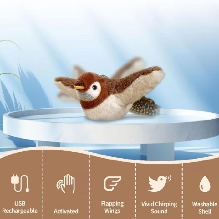 Uccellino Flappy per Animali con Ali Mobili e Cinguettio Reale | Peluche USB Ricaricabile